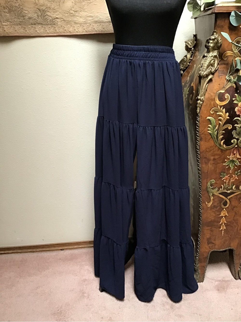 Tyche Navy Tiered Pants with Wide-Leg Panels
